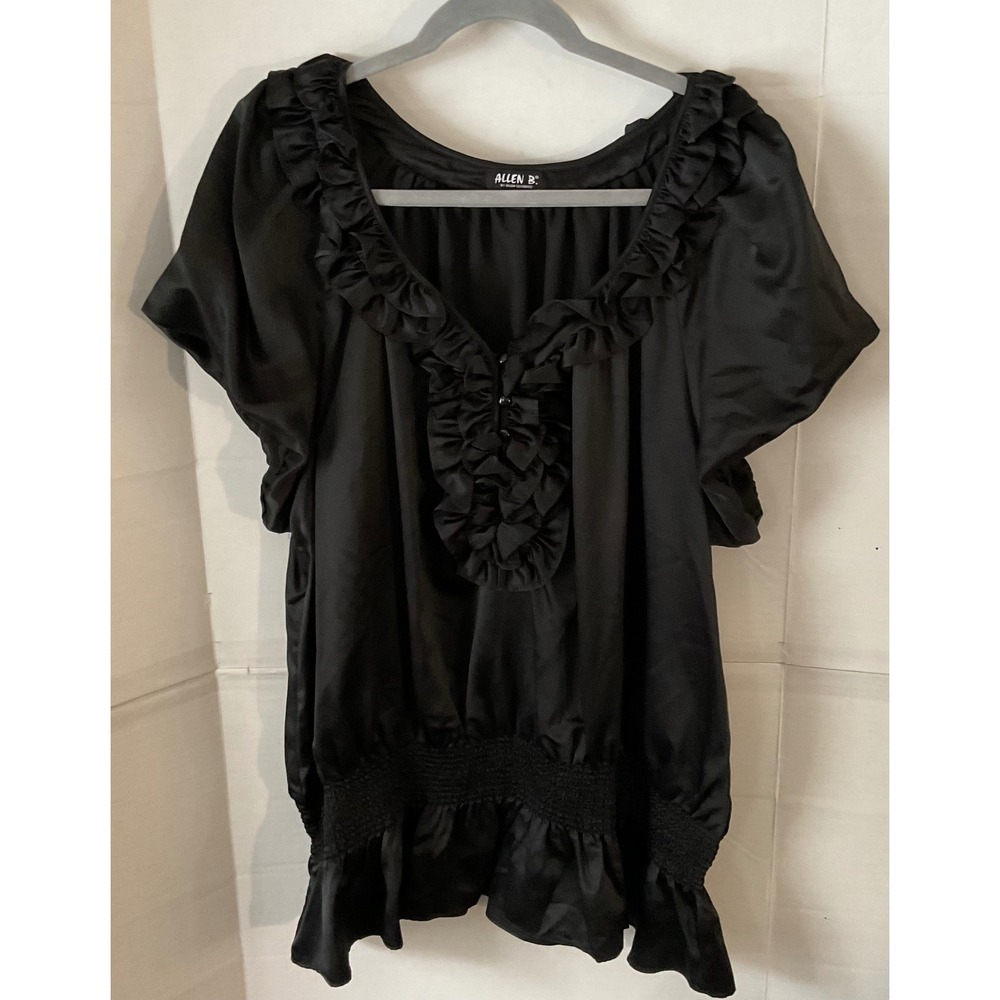 ALLEN B Black Ruffled V Neck Smocked Waist Short Sleeve Women's Top 3X